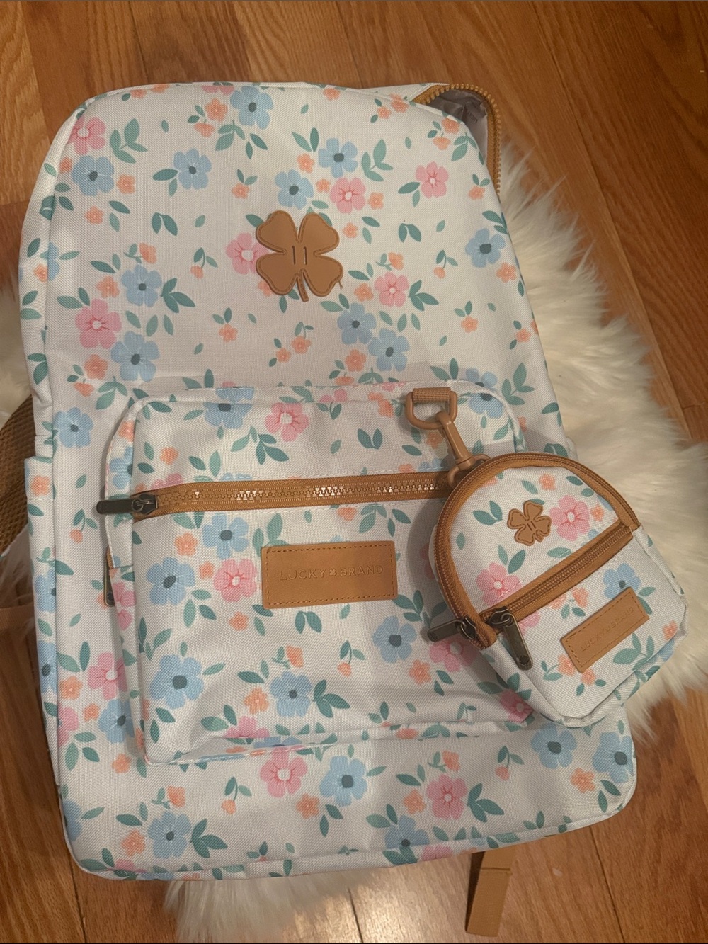 Lucky Brand Floral Backpack with Mini Pouch - Pink, Blue, Cream